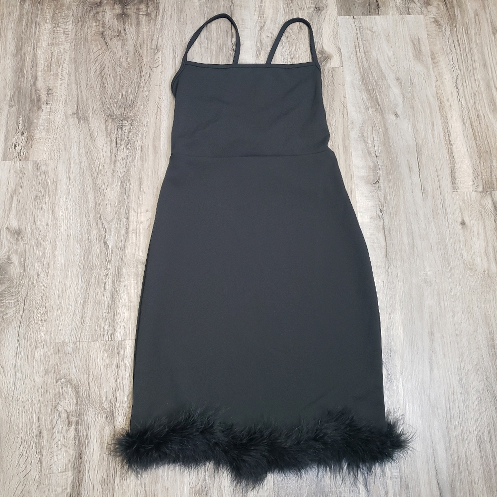 NWT Nasty Gal Black Feather Mini‎ Dress Women's 10 Medium Square Neck Tie Back